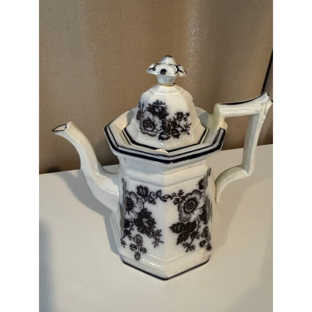 Antique Flow Blue Octagonal Ironstone Teapot Floral Cobalt White‎ Victorian